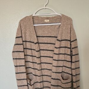 Debut | Tan Striped Fuzzy Cardigan Sweater Size Medium